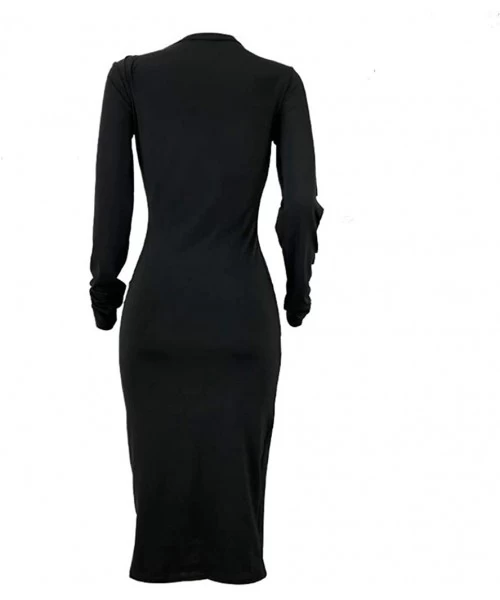 Racing Dress for Women Long Sleeve Solid Color Hole Elastic Casual Round Neck Dress - Black - CB18WEM8CMU