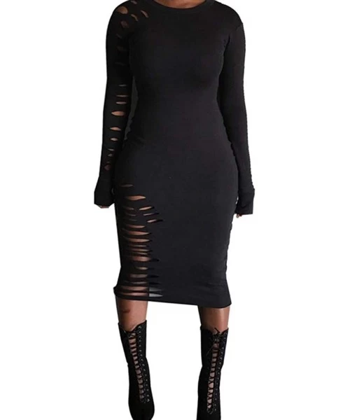 Racing Dress for Women Long Sleeve Solid Color Hole Elastic Casual Round Neck Dress - Black - CB18WEM8CMU