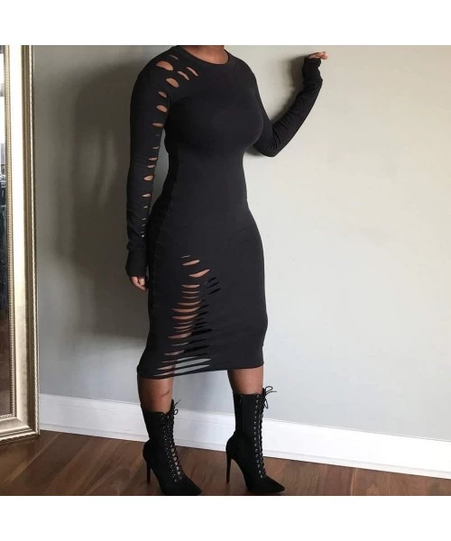 Racing Dress for Women Long Sleeve Solid Color Hole Elastic Casual Round Neck Dress - Black - CB18WEM8CMU