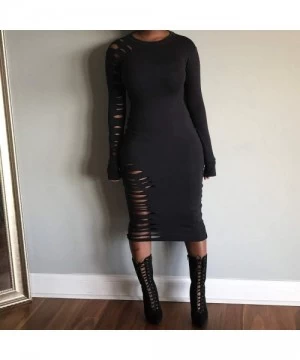 Racing Dress for Women Long Sleeve Solid Color Hole Elastic Casual Round Neck Dress - Black - CB18WEM8CMU