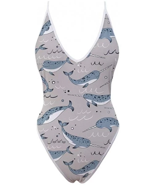 One-Pieces Hawaiian Style Women's One Piece Deep V Neck Backless Swimsuit Bathing Suit - Narwhal Lovers - CQ18Q707CK6