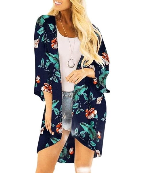 Cover-Ups Women's Beach Boho Floral Print Open Front Cardigan Cover Ups - Dark Blue - CE19C2H73ZR