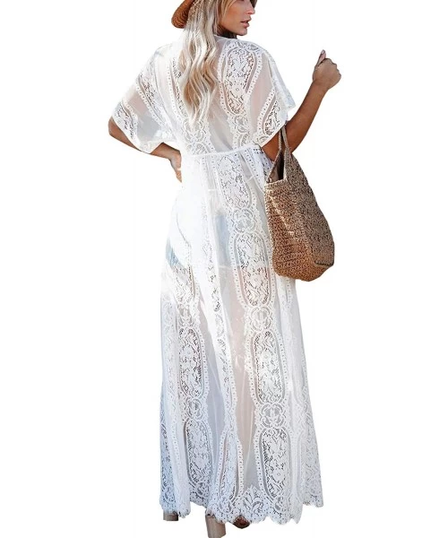 Cover-Ups Women's Summer Long Flowy Kimono Cardigans Boho Chiffon Floral Beach Cover Up Tops - White/Lace - CT19CA7RI8Q