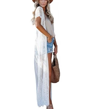 Cover-Ups Women's Summer Long Flowy Kimono Cardigans Boho Chiffon Floral Beach Cover Up Tops - White/Lace - CT19CA7RI8Q