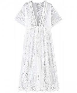 Cover-Ups Women's Summer Long Flowy Kimono Cardigans Boho Chiffon Floral Beach Cover Up Tops - White/Lace - CT19CA7RI8Q