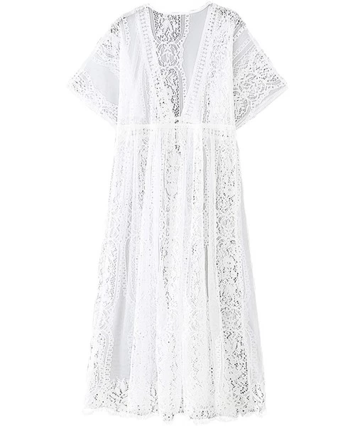 Cover-Ups Women's Summer Long Flowy Kimono Cardigans Boho Chiffon Floral Beach Cover Up Tops - White/Lace - CT19CA7RI8Q