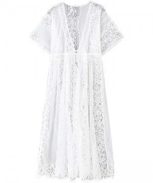 Cover-Ups Women's Summer Long Flowy Kimono Cardigans Boho Chiffon Floral Beach Cover Up Tops - White/Lace - CT19CA7RI8Q