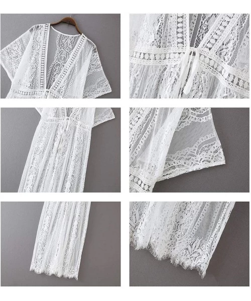 Cover-Ups Women's Summer Long Flowy Kimono Cardigans Boho Chiffon Floral Beach Cover Up Tops - White/Lace - CT19CA7RI8Q