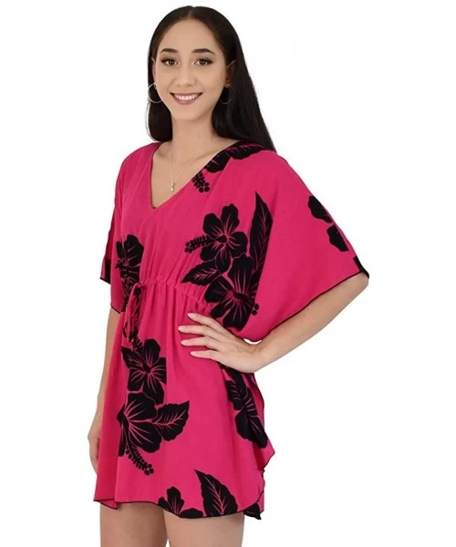 Cover-Ups Island Style Clothing Ladies Short Kaftan Poncho Hibiscus Hawaiian Floral Print Swimsuit Cover-Up - Pink & Black - ...