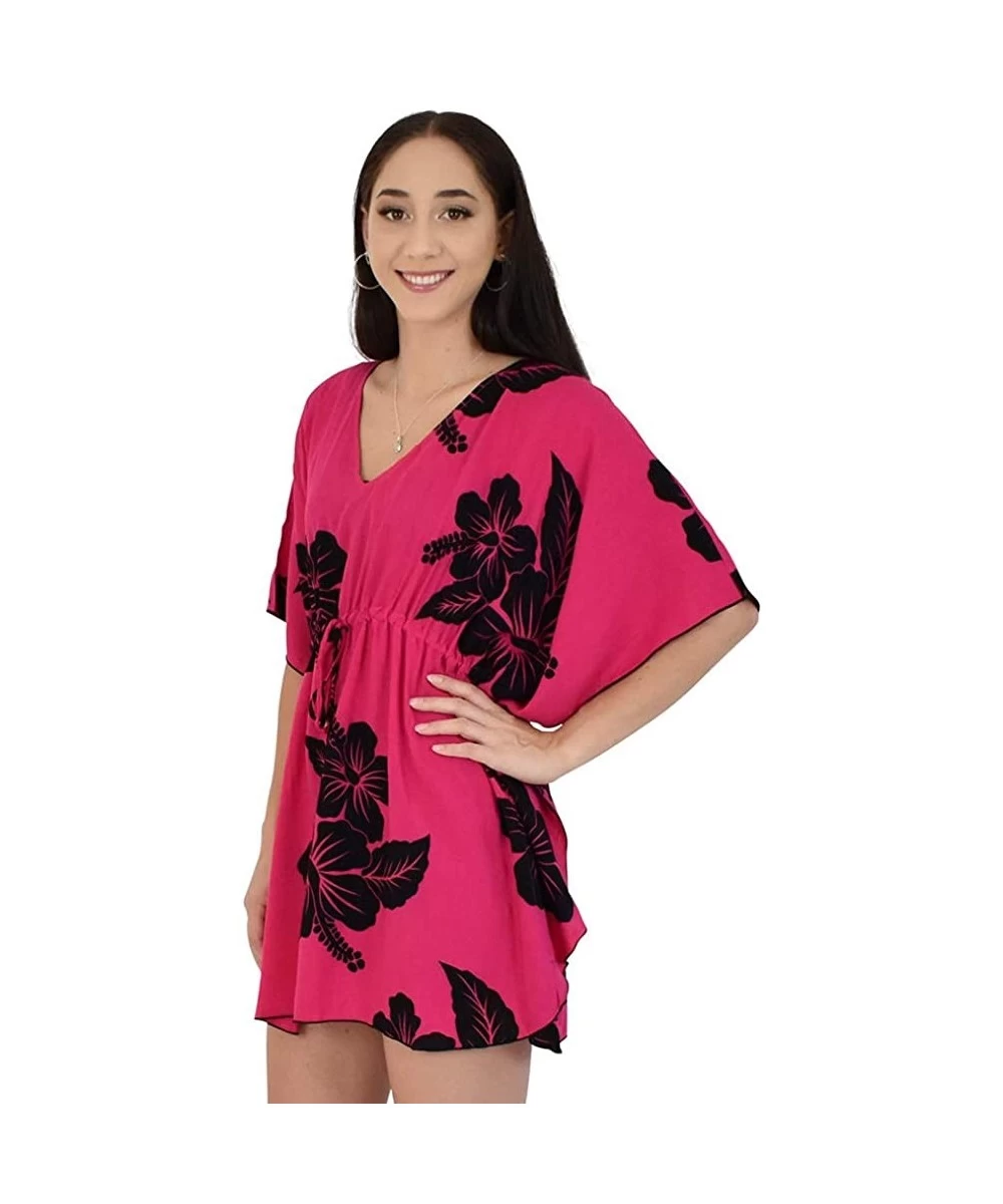 Cover-Ups Island Style Clothing Ladies Short Kaftan Poncho Hibiscus Hawaiian Floral Print Swimsuit Cover-Up - Pink & Black - ...