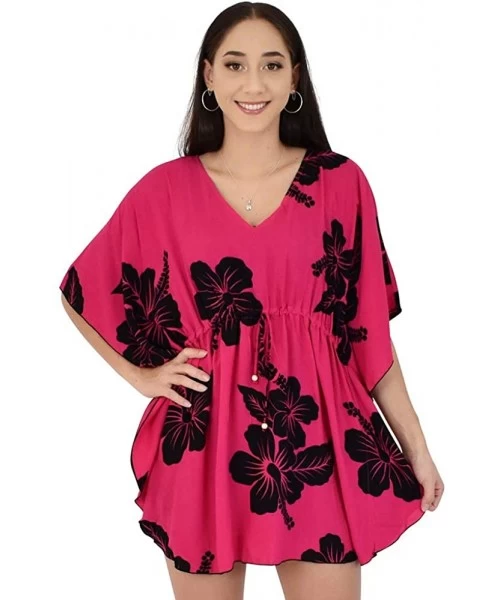 Cover-Ups Island Style Clothing Ladies Short Kaftan Poncho Hibiscus Hawaiian Floral Print Swimsuit Cover-Up - Pink & Black - ...