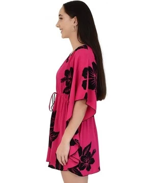 Cover-Ups Island Style Clothing Ladies Short Kaftan Poncho Hibiscus Hawaiian Floral Print Swimsuit Cover-Up - Pink & Black - ...