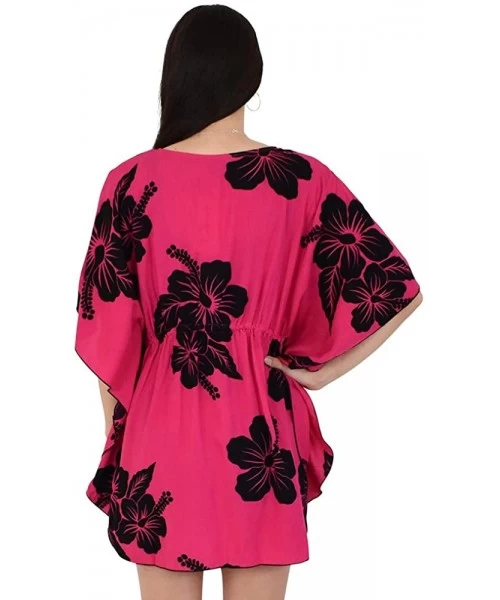 Cover-Ups Island Style Clothing Ladies Short Kaftan Poncho Hibiscus Hawaiian Floral Print Swimsuit Cover-Up - Pink & Black - ...