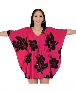 Cover-Ups Island Style Clothing Ladies Short Kaftan Poncho Hibiscus Hawaiian Floral Print Swimsuit Cover-Up - Pink & Black - ...