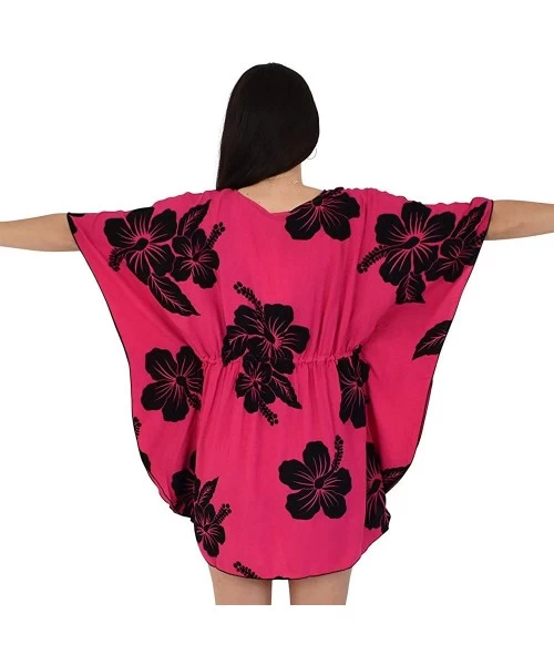 Cover-Ups Island Style Clothing Ladies Short Kaftan Poncho Hibiscus Hawaiian Floral Print Swimsuit Cover-Up - Pink & Black - ...