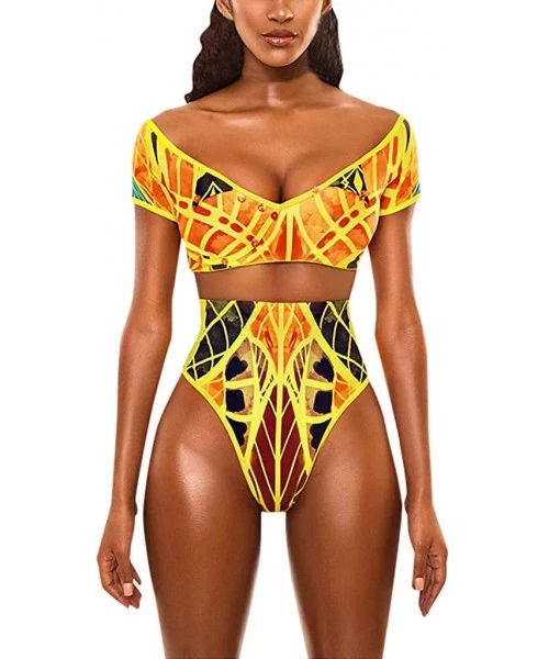 Racing Women Tribal Print Bikini African Two Piece Beachwear Cutout Bathing Suit Swimwear Ruffled Shoulder Straps Swimsuit - ...