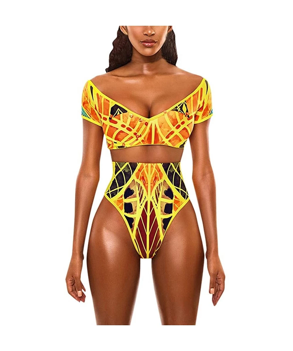 Racing Women Tribal Print Bikini African Two Piece Beachwear Cutout Bathing Suit Swimwear Ruffled Shoulder Straps Swimsuit - ...