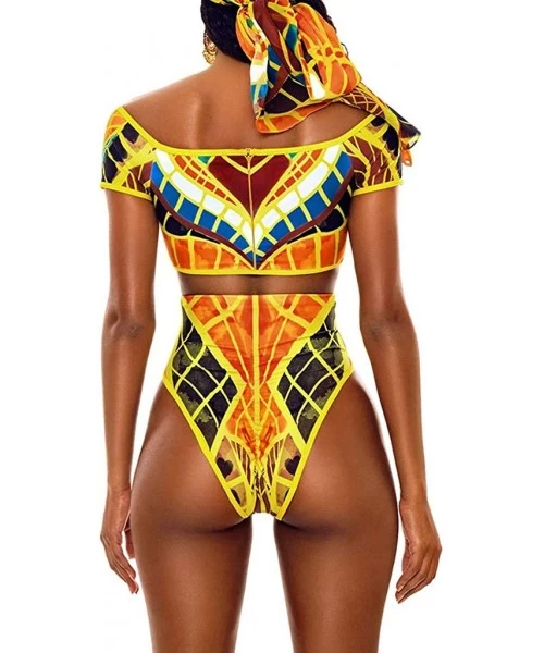 Racing Women Tribal Print Bikini African Two Piece Beachwear Cutout Bathing Suit Swimwear Ruffled Shoulder Straps Swimsuit - ...