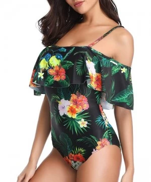 One-Pieces Off The Shoulder One Piece Swimsuits for Women Vintage Ruffle Floral Bathing Suits - Green Floral - C018XHLMOD3