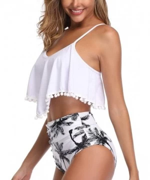 Sets Women's High Waisted Bikini Flounce Crop Top Swimsuits Two Piece Bathing Suits - White&black Leaf - CJ18TY2QL6A