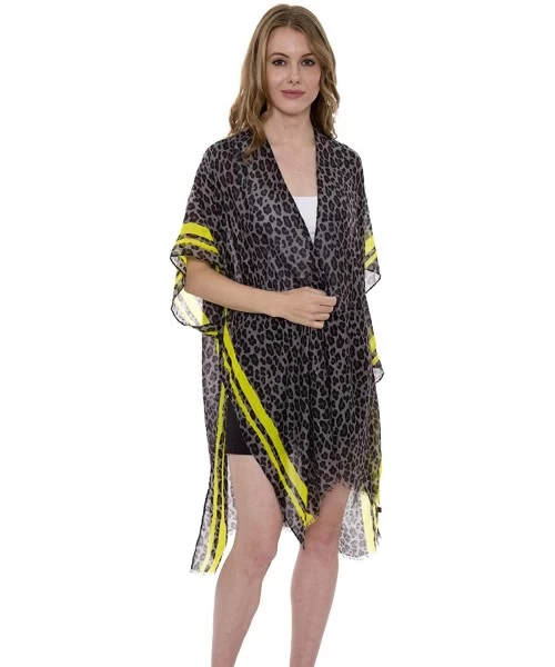 Cover-Ups Women's Summer Long Light Leopard Print Kimono Color Stripes Trims Open Front Outwear Beachwear Dress - Gray W. Yel...