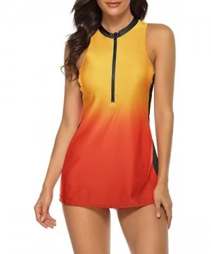 Tankinis Womens 2 Piece Tankini Swimdress Racerback Athletic Swimsuit with Boyshort - Yellow Red Print - CK1967ATMLZ