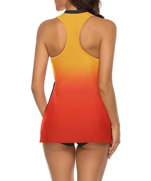 Tankinis Womens 2 Piece Tankini Swimdress Racerback Athletic Swimsuit with Boyshort - Yellow Red Print - CK1967ATMLZ