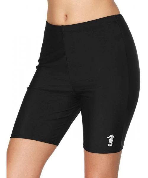 Bottoms Women High Waist Swim Shorts Long Boardshort Boyleg Swim Bottoms - Black - Seahorse - CH18E45HX7A