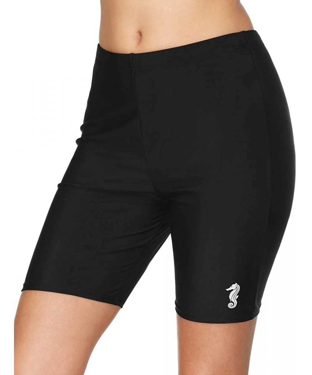 Bottoms Women High Waist Swim Shorts Long Boardshort Boyleg Swim Bottoms - Black - Seahorse - CH18E45HX7A