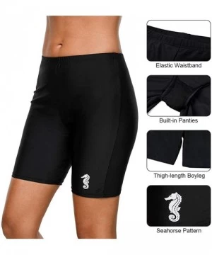 Bottoms Women High Waist Swim Shorts Long Boardshort Boyleg Swim Bottoms - Black - Seahorse - CH18E45HX7A