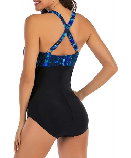 One-Pieces One Piece Tummy Control and Push Up Ruched Padded Swimsuits Bathing Suits for Women - Black-blue - CB1934L42SD