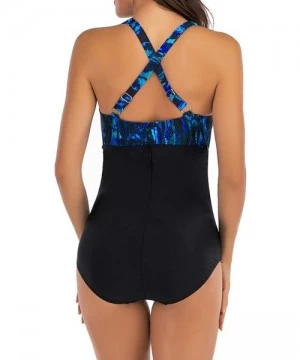 One-Pieces One Piece Tummy Control and Push Up Ruched Padded Swimsuits Bathing Suits for Women - Black-blue - CB1934L42SD