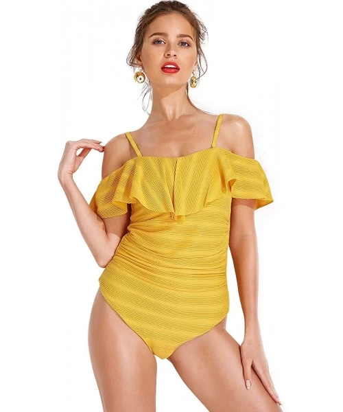 One-Pieces One Piece Bathing Suit Tummy Control Off Shoulder Swimsuits Flounce Ruffled Tankini - Yellow Bathing Suit - CY1903...