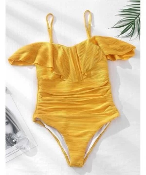 One-Pieces One Piece Bathing Suit Tummy Control Off Shoulder Swimsuits Flounce Ruffled Tankini - Yellow Bathing Suit - CY1903...