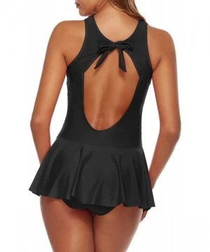 Tankinis Womens Two Piece Tankini Swimdress Mesh Plunge Ruched Bathing Suit - Black - CS194YO2GQI