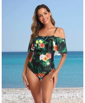 One-Pieces Off The Shoulder One Piece Swimsuits for Women Vintage Ruffle Floral Bathing Suits - Green Floral - C018XHLMOD3