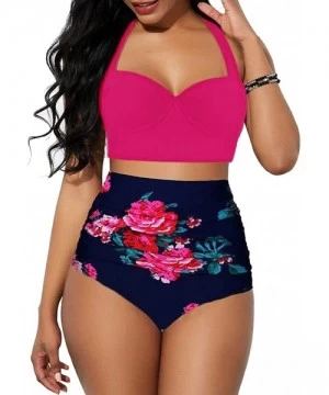 Sets Women Sunflower Print Underwire Halter Bikini Swimsuit - Rose Red - C7198AC5E0E