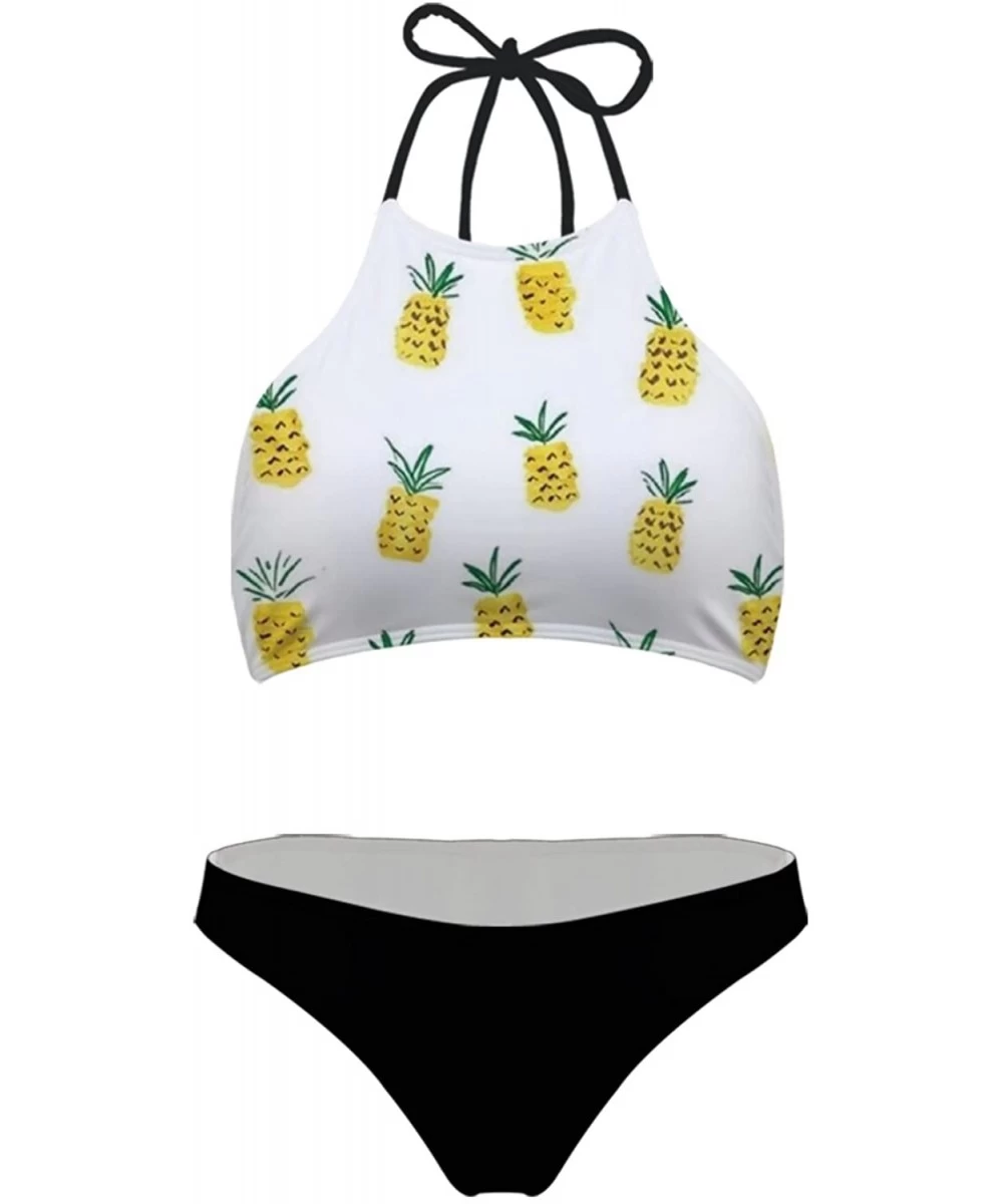 Sets 2Piece Swimsuit Women High Neck Cover-up Swimwear with Briefs Ladies Plus Size Beach Bikini Set - Pineapple 1 - C1195SAX5WQ