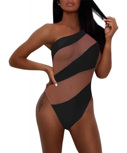 One-Pieces Women's Sexy One Piece One Shoulder Swimsuits Bathing Suits Mesh Panel Monokinis Swimwear - Black - CB1938MWEZZ