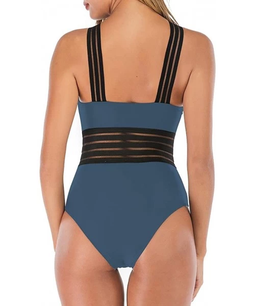 Racing Women's One Piece Swimsuit See Through Mesh Front Crossover Swimwear Tummy Control Monokini Bathing Suits - Blue - CH1...