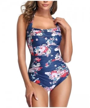 Tankinis Women One Piece Swimsuit Off Shoulder Pleaed Padded Halter Bathing Suit High Cut Monokini Swimwear - Navy - CS196ESHH3T