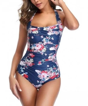 Tankinis Women One Piece Swimsuit Off Shoulder Pleaed Padded Halter Bathing Suit High Cut Monokini Swimwear - Navy - CS196ESHH3T