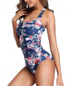 Tankinis Women One Piece Swimsuit Off Shoulder Pleaed Padded Halter Bathing Suit High Cut Monokini Swimwear - Navy - CS196ESHH3T