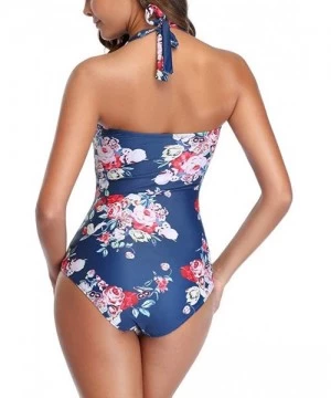 Tankinis Women One Piece Swimsuit Off Shoulder Pleaed Padded Halter Bathing Suit High Cut Monokini Swimwear - Navy - CS196ESHH3T