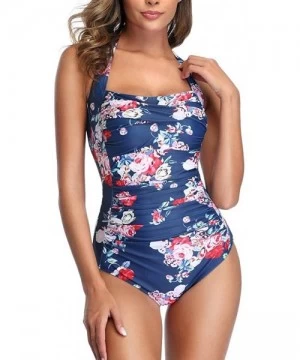 Tankinis Women One Piece Swimsuit Off Shoulder Pleaed Padded Halter Bathing Suit High Cut Monokini Swimwear - Navy - CS196ESHH3T