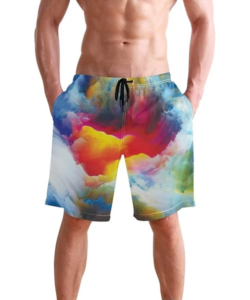 Board Shorts Men's Swim Trunks Christmas Plaid Painting Quick Dry Beach Board Shorts with Pockets - Colourful Cloud - C018QRT...