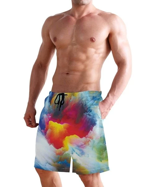 Board Shorts Men's Swim Trunks Christmas Plaid Painting Quick Dry Beach Board Shorts with Pockets - Colourful Cloud - C018QRT...