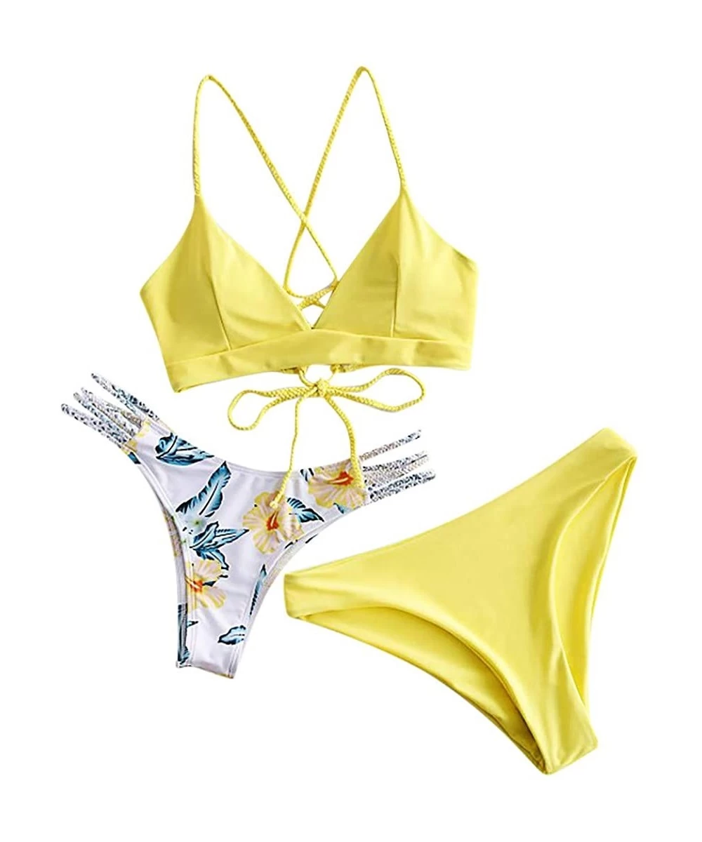 Sets Women's Sexy Bathing Suit Crisscross Lace Up Bikini Set High Waist Floral Print Three Piece Swimsuits Beachwear Yellow -...