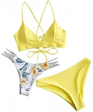 Sets Women's Sexy Bathing Suit Crisscross Lace Up Bikini Set High Waist Floral Print Three Piece Swimsuits Beachwear Yellow -...