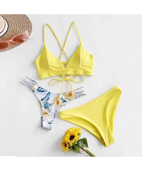 Sets Women's Sexy Bathing Suit Crisscross Lace Up Bikini Set High Waist Floral Print Three Piece Swimsuits Beachwear Yellow -...